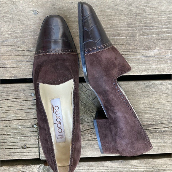 PALOMA PICASSO Shoes VINTAGE Retro Heels Brown Suede Leather Embossed Size 7.5 - Picture 4 of 15